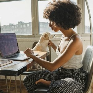 Concentrated young African American lady working remotely on netbook while sitting on chair at table and petting dog at home
